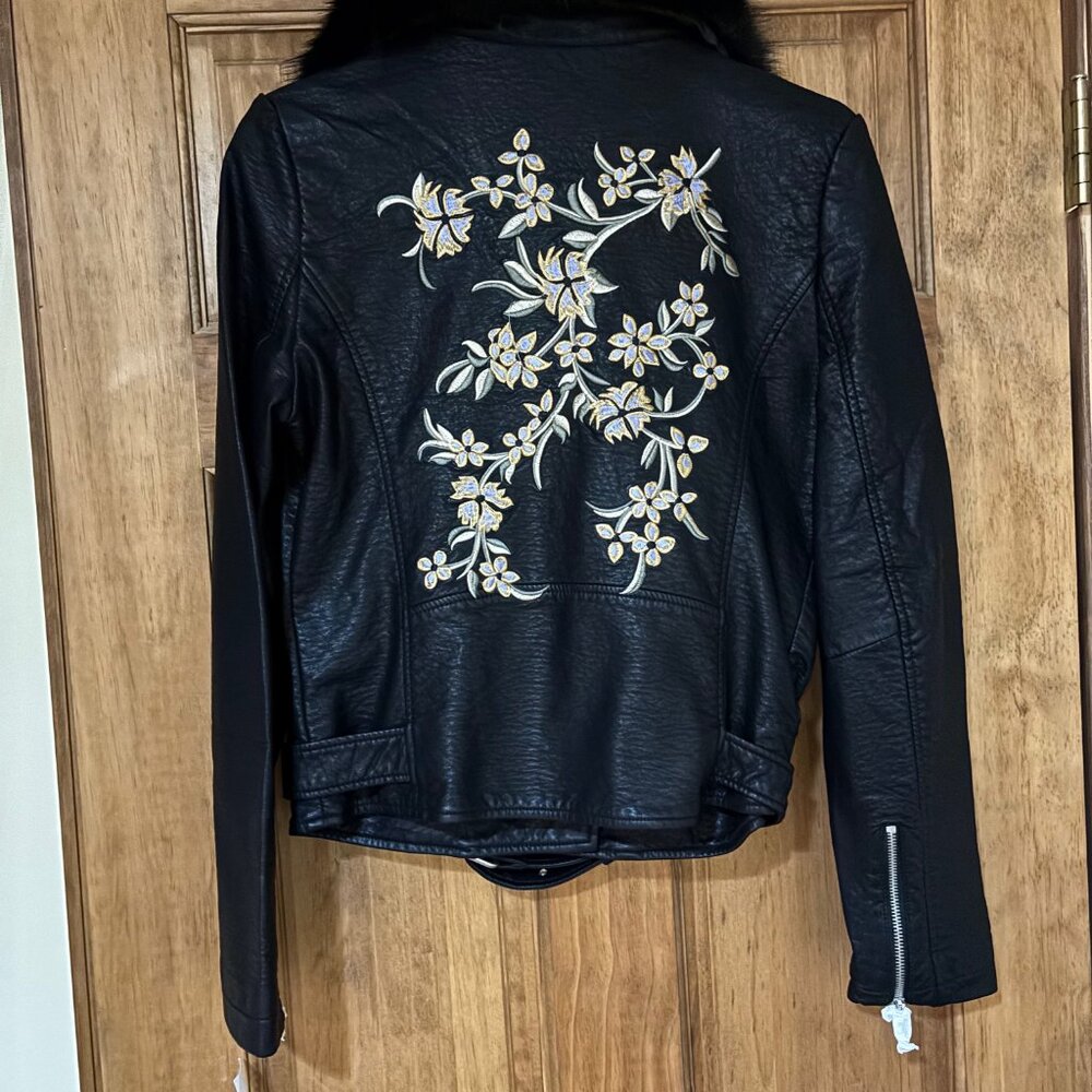 Driftwood Black Vegan Moto Jacket with Floral Embroidery NWT